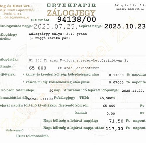 D-94138 sz. zálogjegy