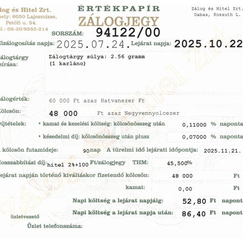 D-94122 sz. zálogjegy