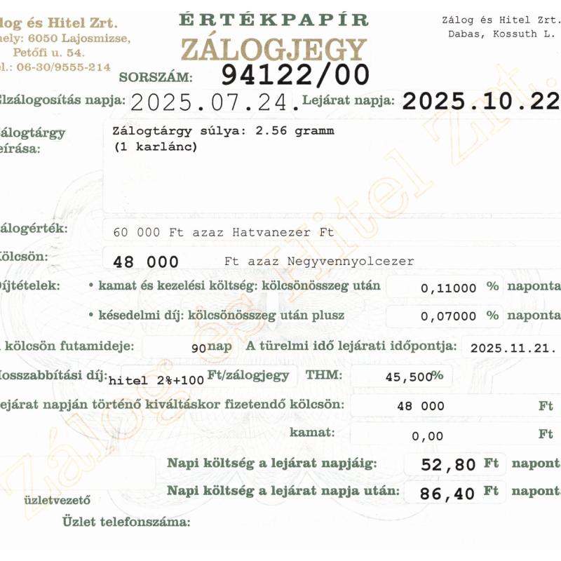 D-94122 sz. zálogjegy