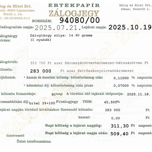 D-94080 sz. zálogjegy