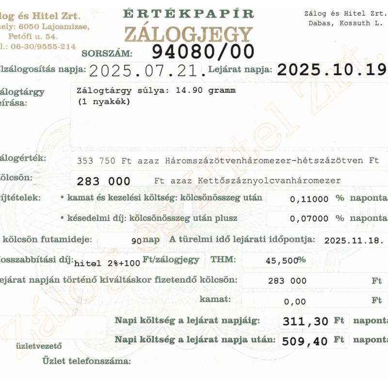 D-94080 sz. zálogjegy