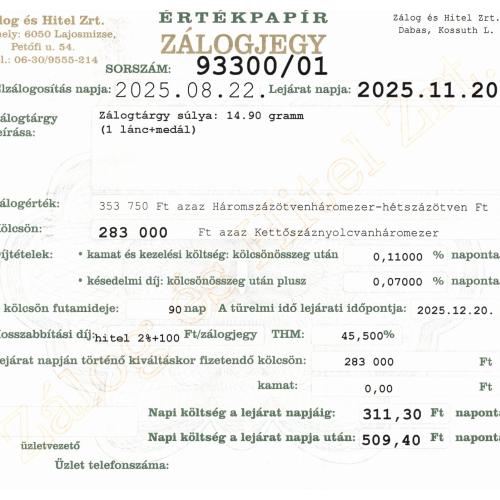 D-93300 sz. zálogjegy