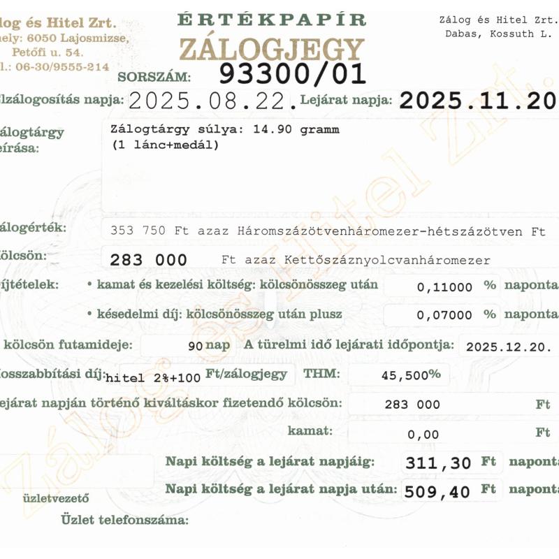 D-93300 sz. zálogjegy