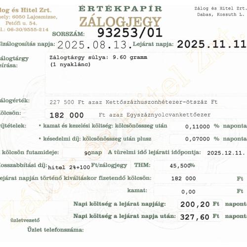 D-93253 sz. zálogjegy