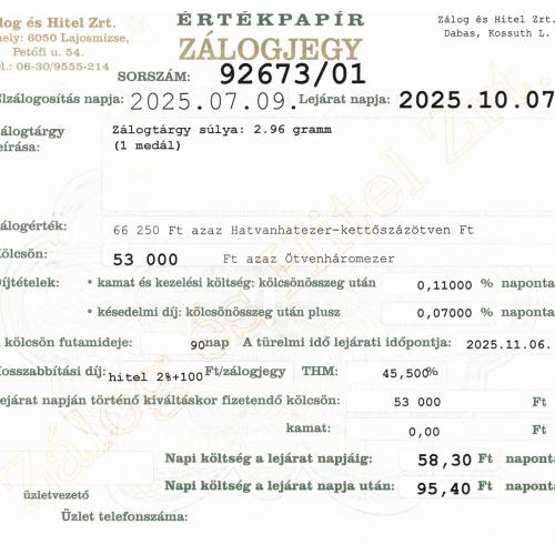 D-92673 sz. zálogjegy