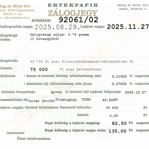 D-92061 sz. zálogjegy