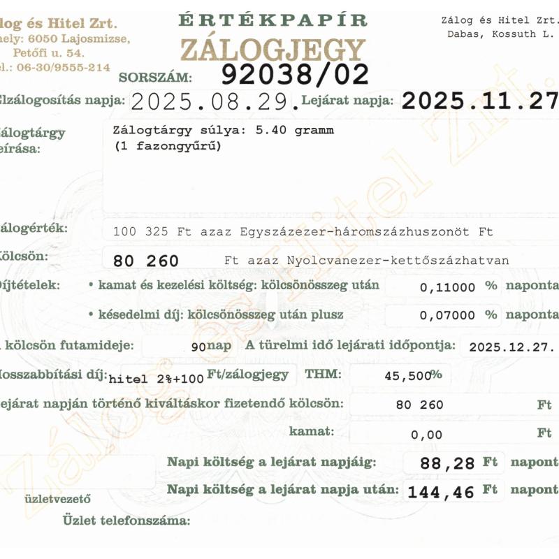 D-92038 sz. zálogjegy