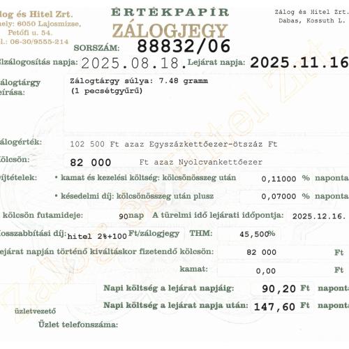 D-88832 sz. zálogjegy