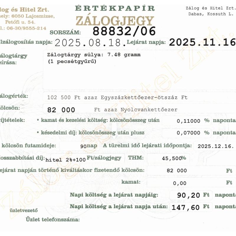 D-88832 sz. zálogjegy