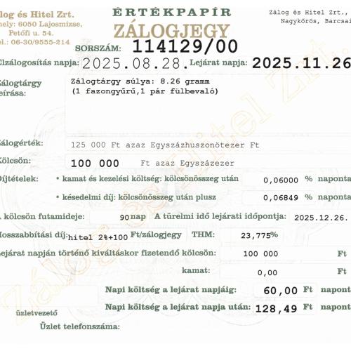 N-114129 sz. zálogjegy