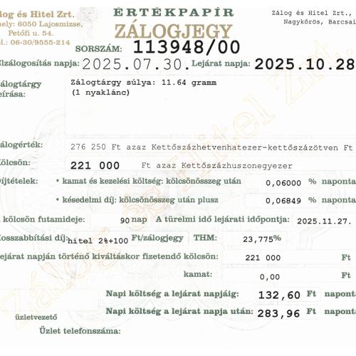 N-113948 sz. zálogjegy