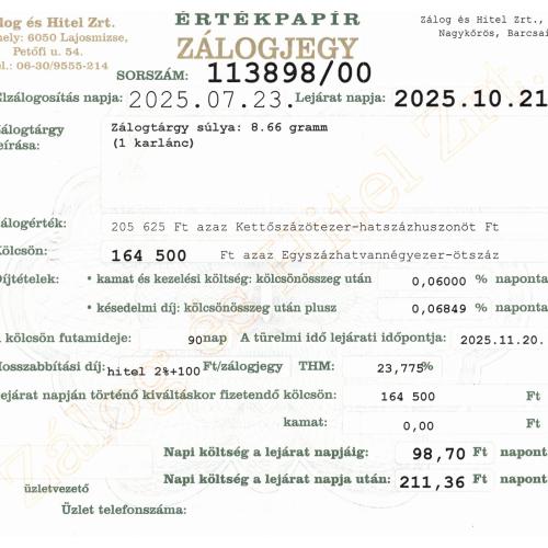 N-113898 sz. zálogjegy