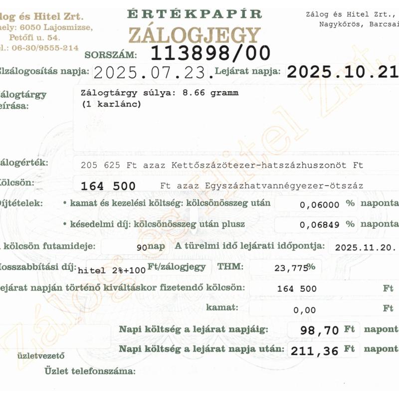 N-113898 sz. zálogjegy