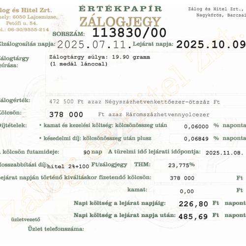 N-113830 sz. zálogjegy