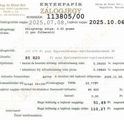 N-113805 sz. zálogjegy