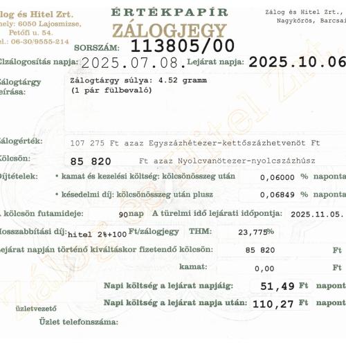 N-113805 sz. zálogjegy