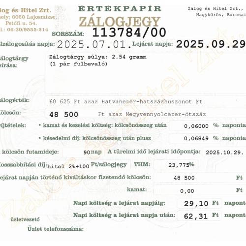 N-113784 sz. zálogjegy