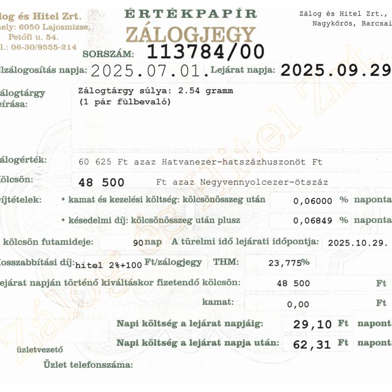 N-113784 sz. zálogjegy