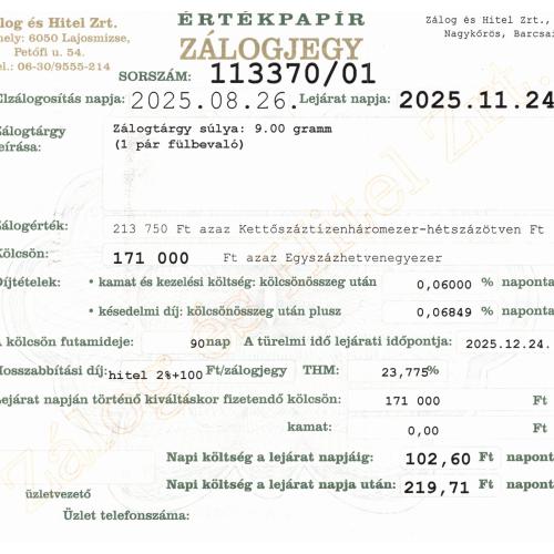 N-113370 sz. zálogjegy