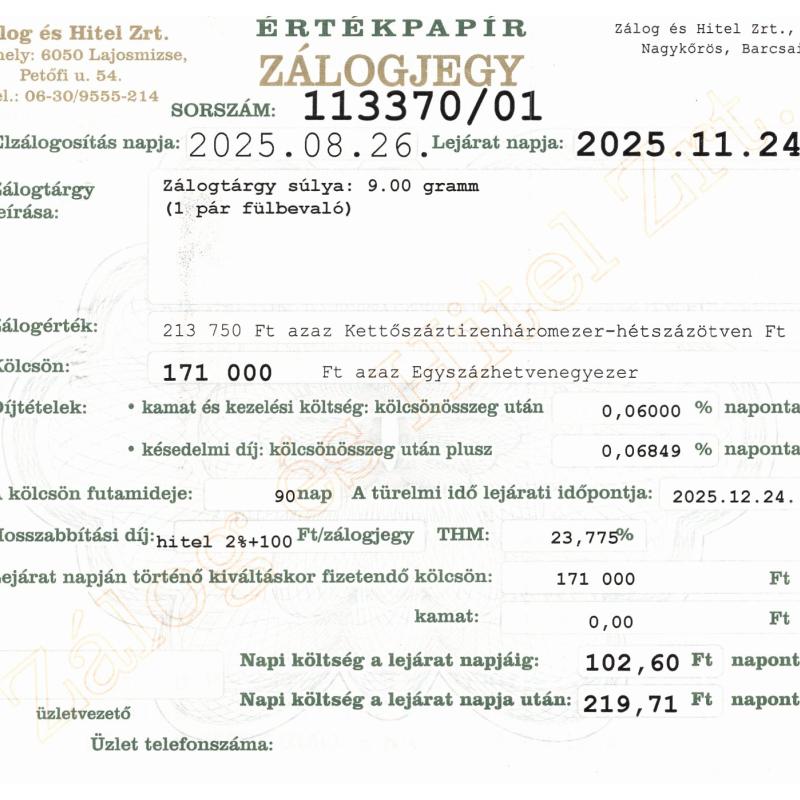 N-113370 sz. zálogjegy
