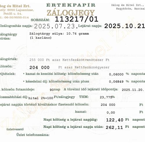 N-113217 sz. zálogjegy