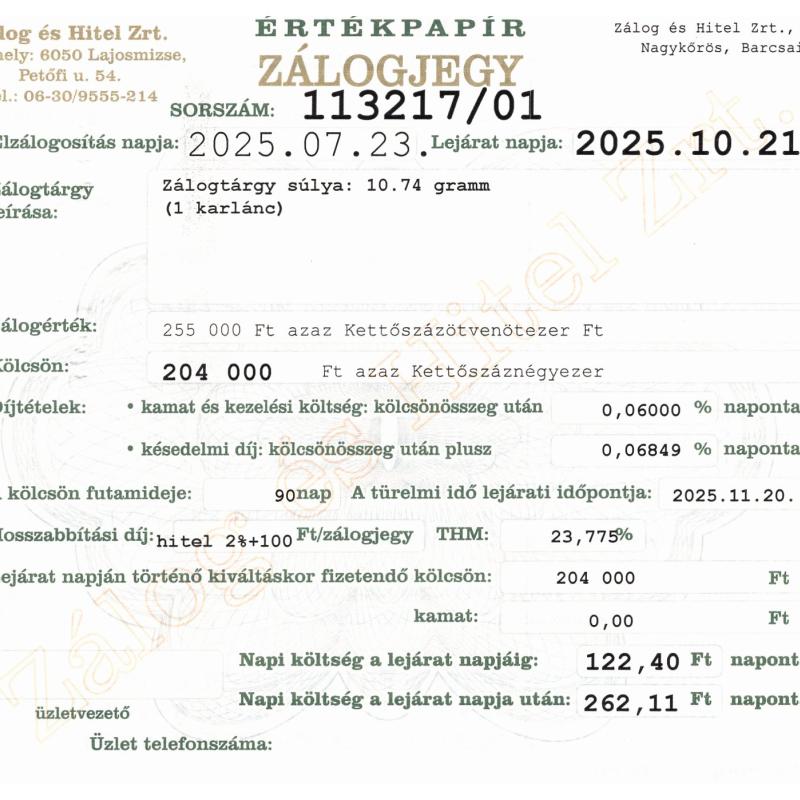 N-113217 sz. zálogjegy