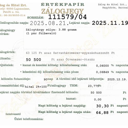 N-111579 sz. zálogjegy