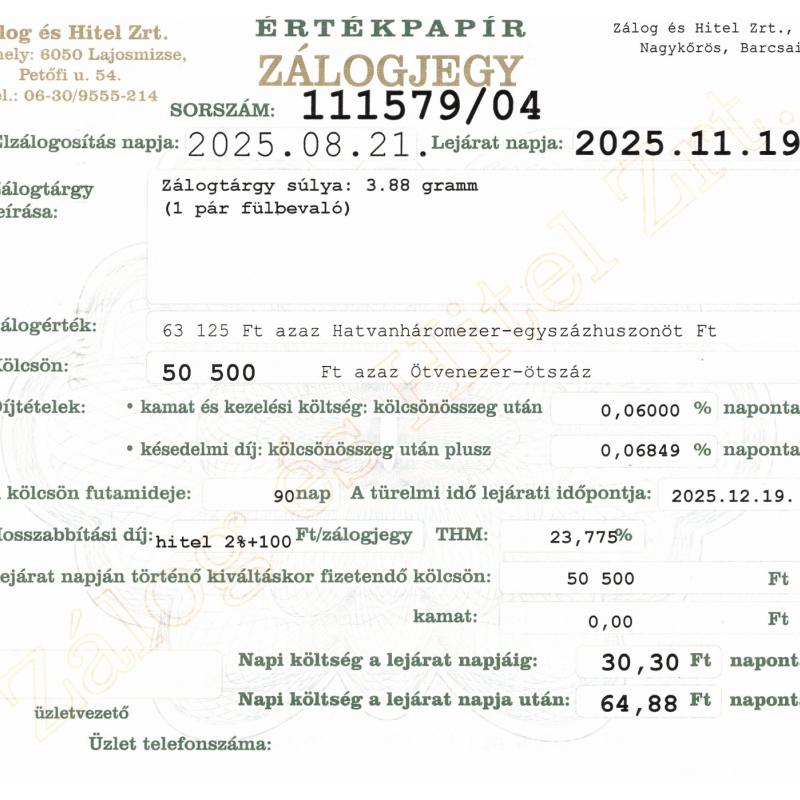 N-111579 sz. zálogjegy