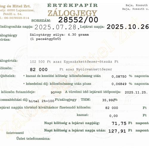 B-28552 sz. zálogjegy