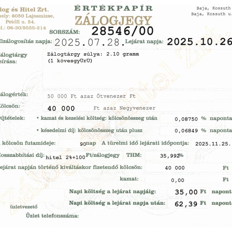 B-28546 sz. zálogjegy