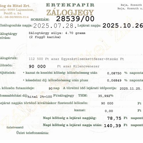 B-28539 sz. zálogjegy