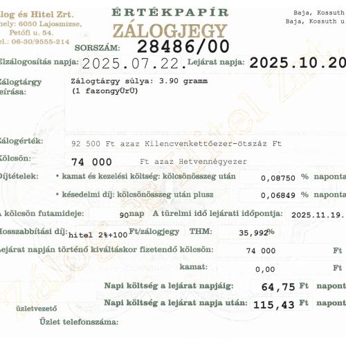 B-28486 sz. zálogjegy