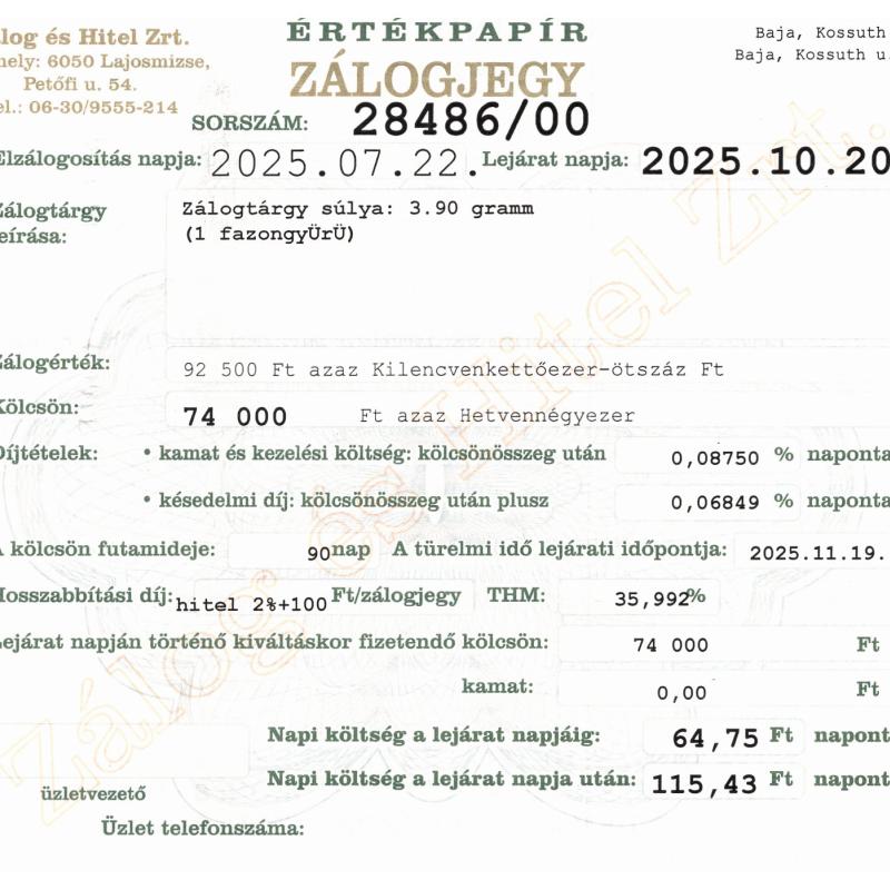 B-28486 sz. zálogjegy