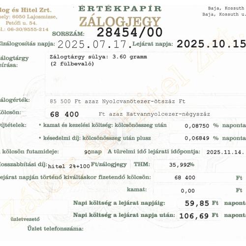 B-28454 sz. zálogjegy