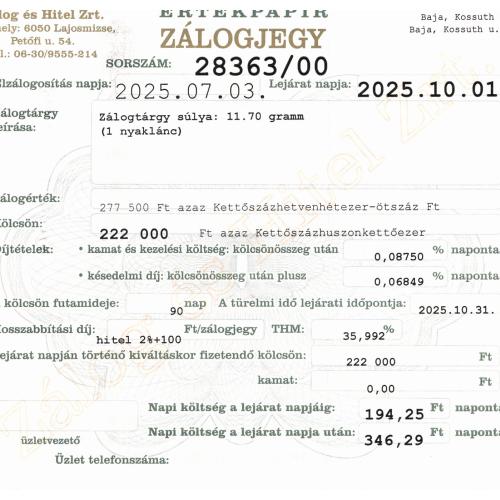 B-28363 sz. zálogjegy