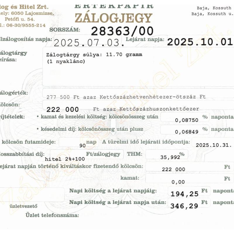 B-28363 sz. zálogjegy