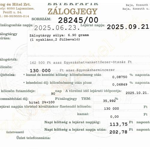 B-28245 sz. zálogjegy