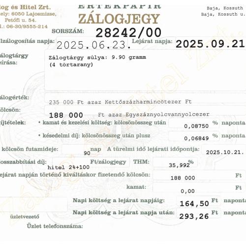 B-28242 sz. zálogjegy