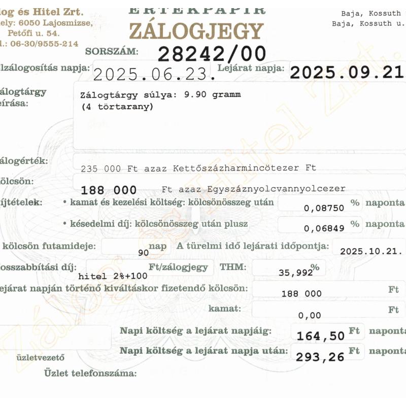 B-28242 sz. zálogjegy