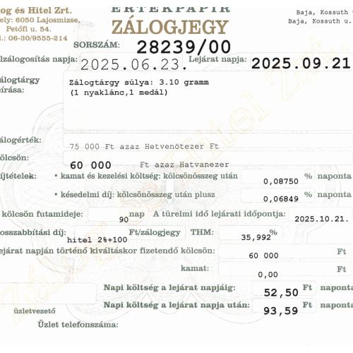 B-28239 sz. zálogjegy