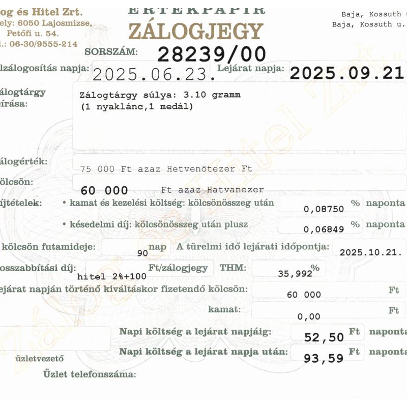 B-28239 sz. zálogjegy