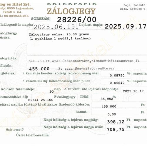 B-28226 sz. zálogjegy