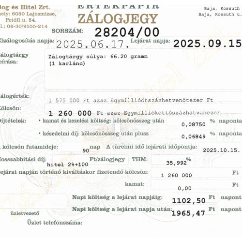 B-28204 sz. zálogjegy