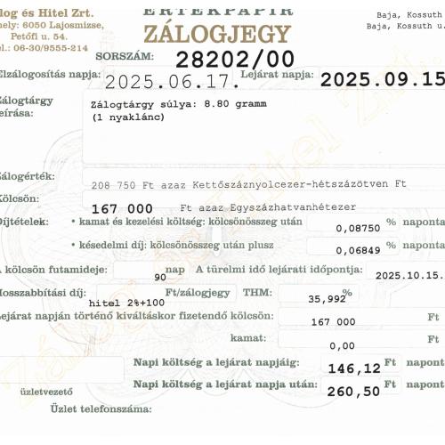 B-28202 sz. zálogjegy