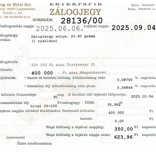 B-28136 sz. zálogjegy