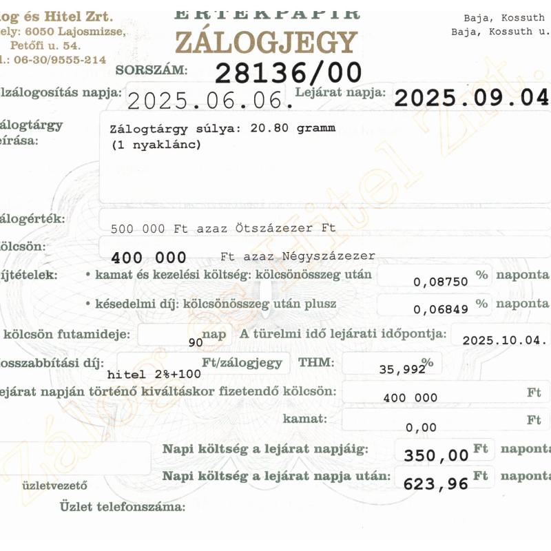 B-28136 sz. zálogjegy