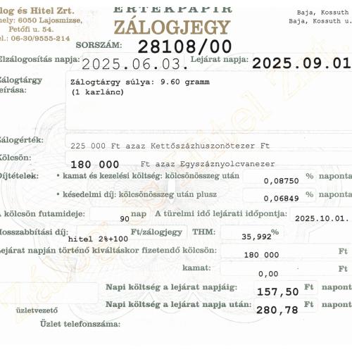 B-28108  sz. zálogjegy