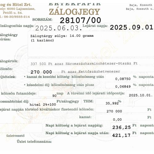 B-28107 sz. zálogjegy