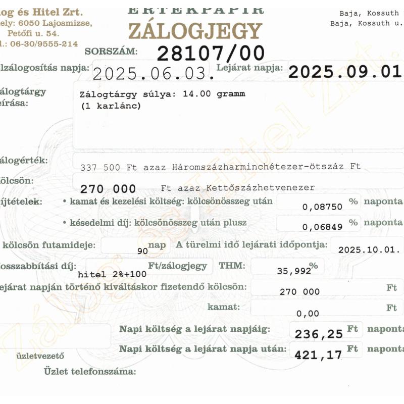 B-28107 sz. zálogjegy