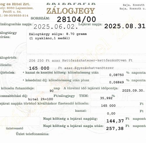 B-28104 sz. zálogjegy